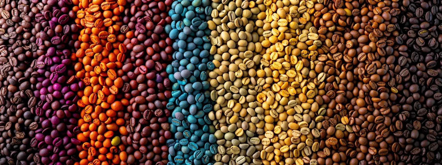 a vibrant display of colorful coffee beans from brazil, indonesia, and sumatra, each with unique aromas and flavors.