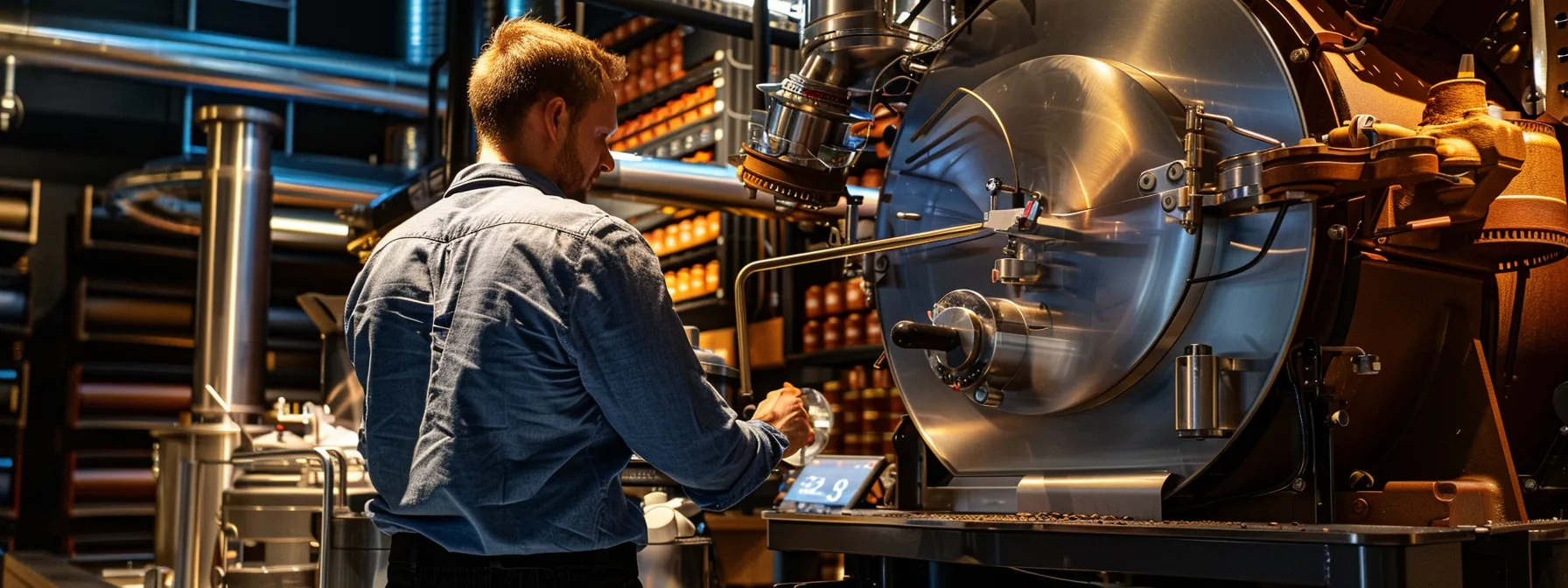 a person examining the features of a large, industrial coffee roaster at a coffee equipment store.