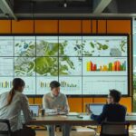 a dynamic office setting showcases a diverse group of professionals analyzing detailed maps and charts on a large screen, illustrating the journey of sustainably sourced coffee beans from certified farms to consumers.