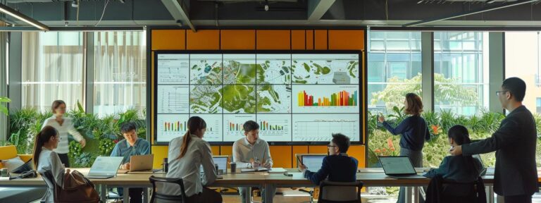 a dynamic office setting showcases a diverse group of professionals analyzing detailed maps and charts on a large screen, illustrating the journey of sustainably sourced coffee beans from certified farms to consumers.