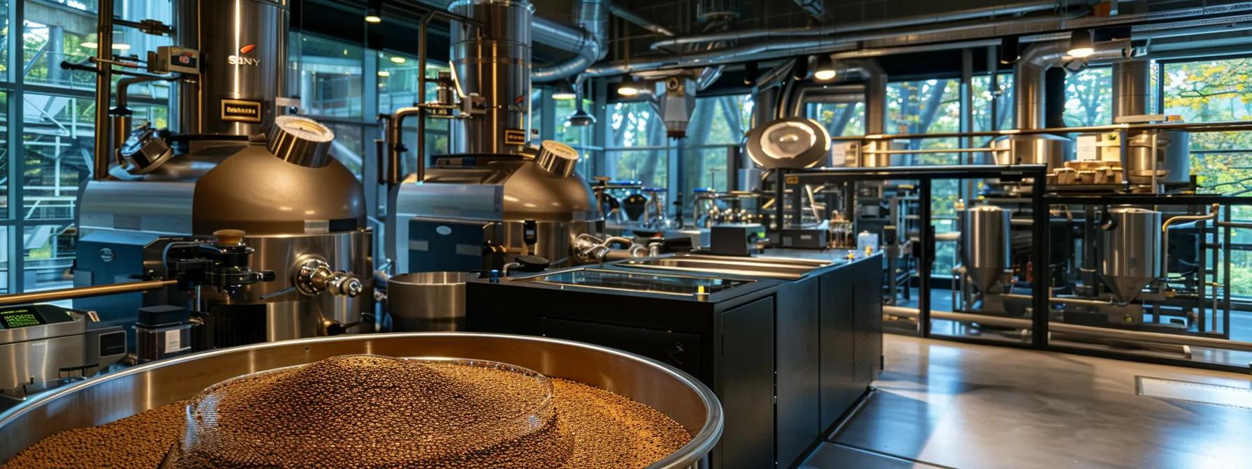 a modern coffee roasting facility, filled with gleaming stainless steel equipment, showcases a dynamic display of energy-efficient roasting machines in action, emphasizing sustainable practices that reduce emissions and align with ecological values.