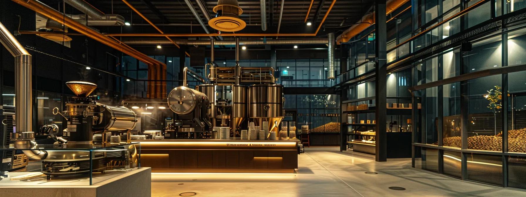 a sleek, modern coffee roasting facility showcases state-of-the-art energy-efficient equipment, illuminated by bright overhead lights, highlighting the intricate design and advanced technology used for optimal heat transfer and data monitoring.