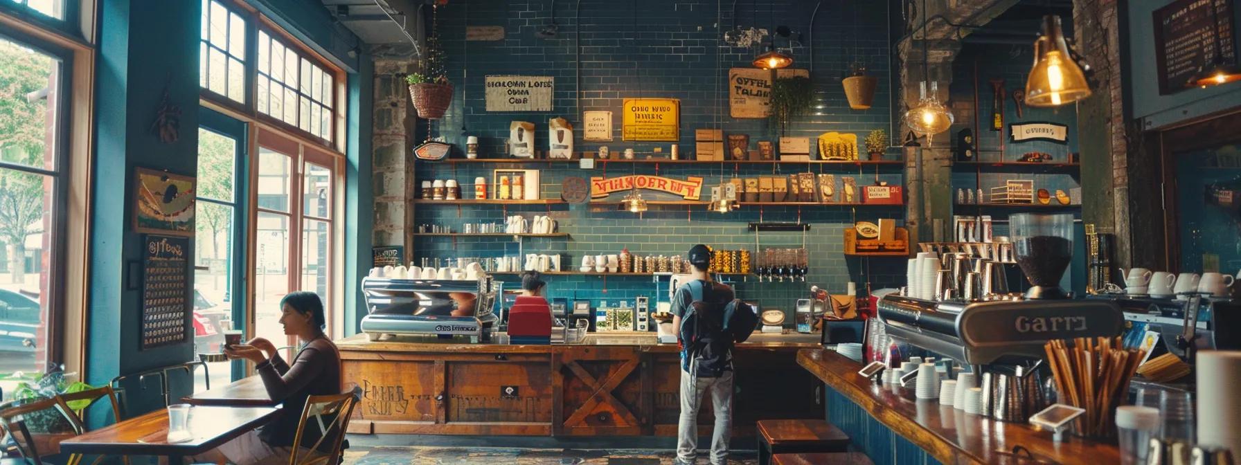 a vibrant coffee shop interior showcases ethically sourced fair trade coffee being served, with a backdrop of certification banners highlighting sustainable practices and fair labor rights prominently displayed on the walls, bathed in warm, inviting light.