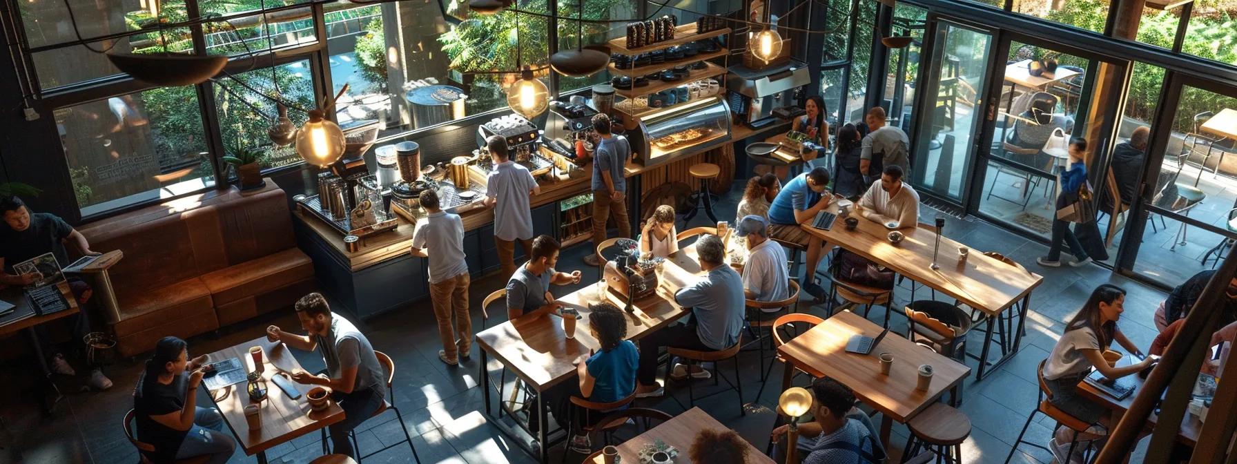a bustling, modern coffee shop setting showcases a diverse group of coffee farmers engaging directly with buyers, emphasizing vibrant discussions about sustainable sourcing practices and the positive impact on their communities, illuminated by warm, focused overhead lighting.