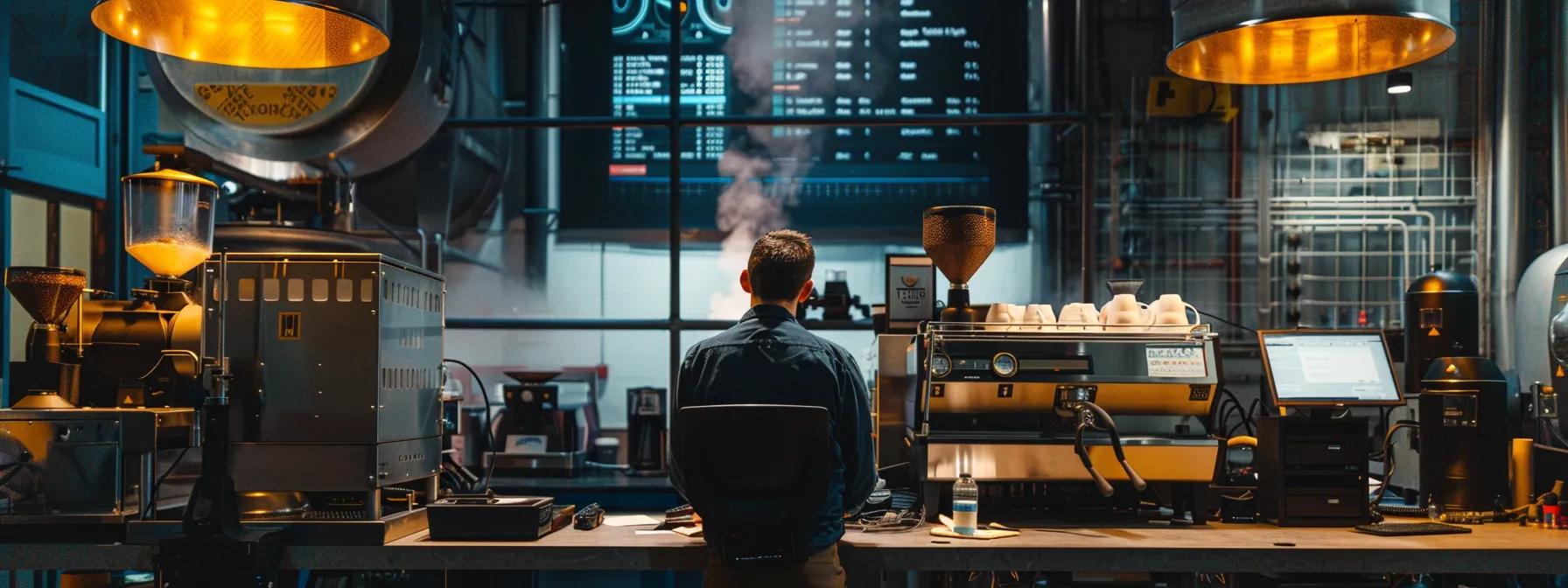 a focused coffee roaster stands in a modern industrial workspace, surrounded by high-tech equipment and charts displaying roi metrics, highlighting the analytical process of tracking performance improvements in the coffee industry.