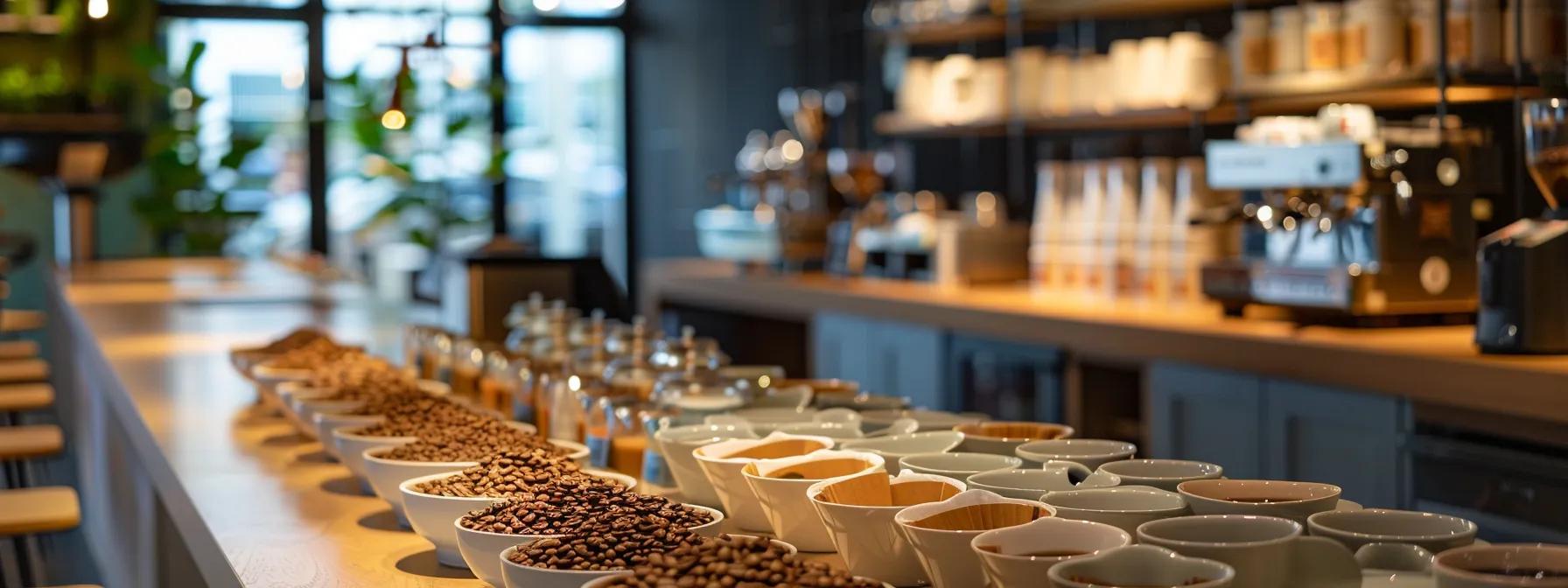 a focused coffee tasting setup in a modern, sleek urban café, showcasing an array of meticulously arranged coffee cupping bowls and sensory training tools, illuminated by soft, warm lighting that highlights the rich colors and textures of the coffee beans.