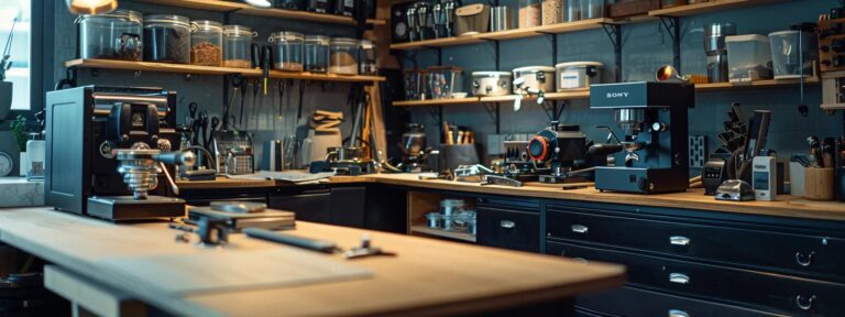 a meticulously organized coffee grinder repair station, featuring high-precision tools and close-up views of burr alignment and calibration processes under bright, focused overhead lighting.