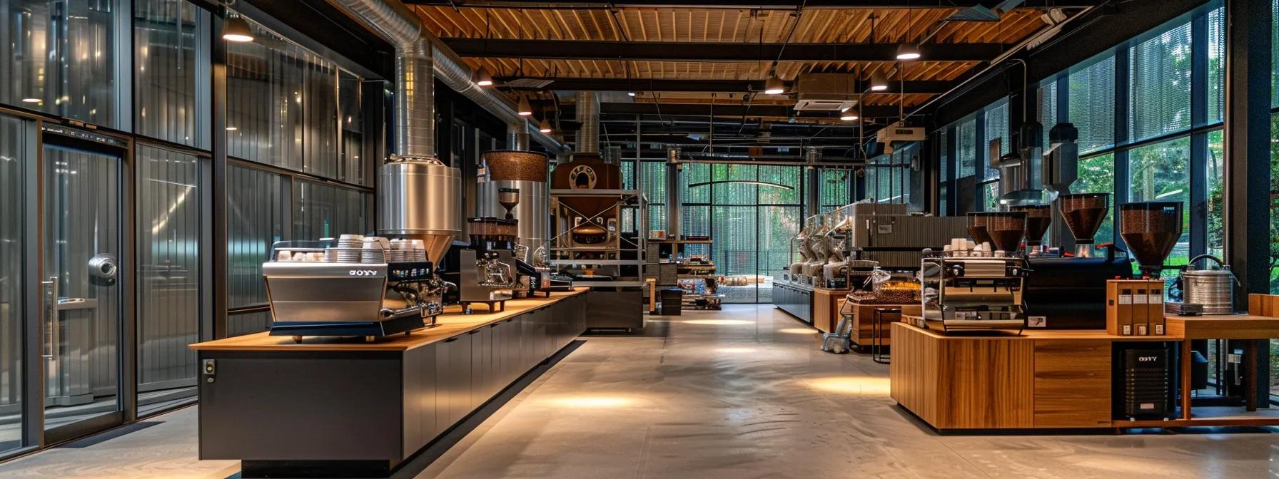 a modern coffee processing facility showcases innovative sustainability practices, featuring sleek machinery and organized workstations dedicated to regenerative agriculture and organic coffee production.