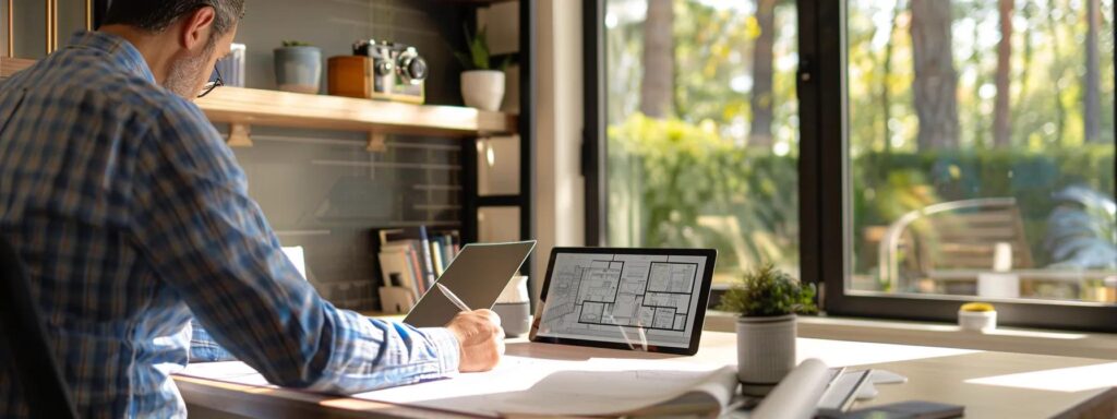 a modern home office is filled with blueprints and renovation plans spread across a sleek desk, while a thoughtful homeowner examines a digital tablet displaying modular upgrade options, emphasizing strategic investment for maximum roi.