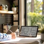 a modern home office is filled with blueprints and renovation plans spread across a sleek desk, while a thoughtful homeowner examines a digital tablet displaying modular upgrade options, emphasizing strategic investment for maximum roi.