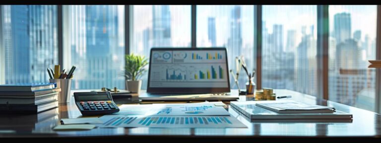 a modern office setting features a sleek, high-tech calculator prominently displayed on a polished desk, surrounded by graphs and charts illustrating successful roi strategies for smart roasters, with a city skyline visible through large windows in the background.