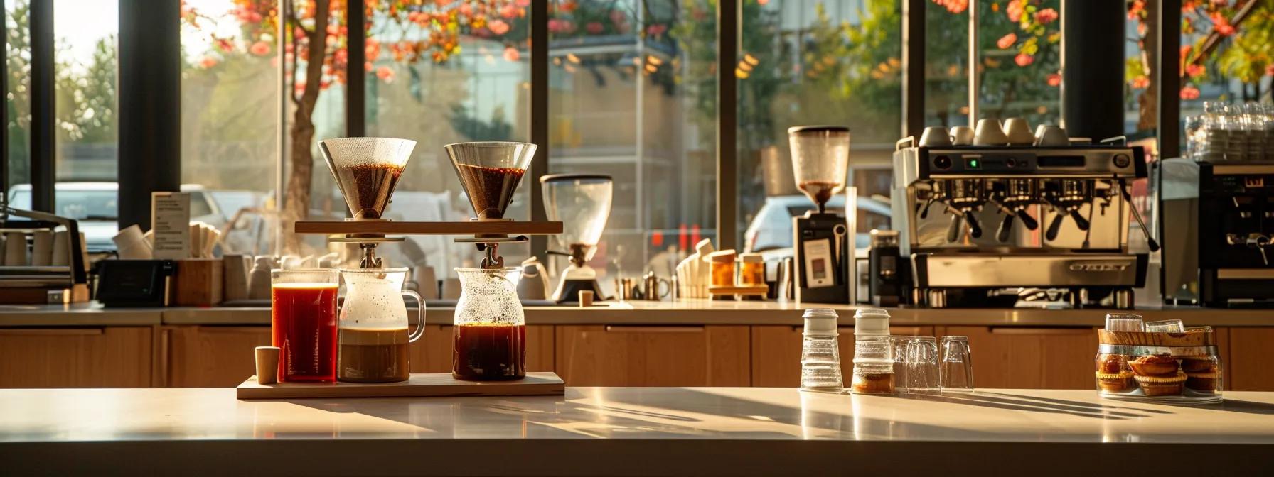 a sleek, modern café interior showcases two brewing stations side by side, one with steaming hot coffee in elegant glassware and the other with a chilled cold brew tower, emphasizing the contrasting extraction processes and flavor dynamics of each method.