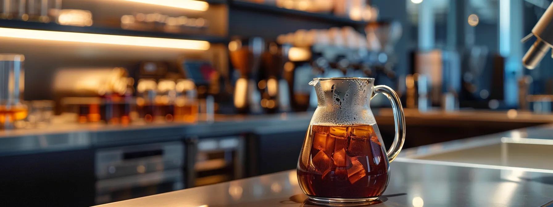 a sleek, modern coffee bar setting showcases a crystal-clear glass pitcher filled with rich, dark cold brew coffee, surrounded by lab equipment highlighting the intricate chemistry of brewing, bathed in soft, ambient lighting to emphasize the smooth textures and deep colors.
