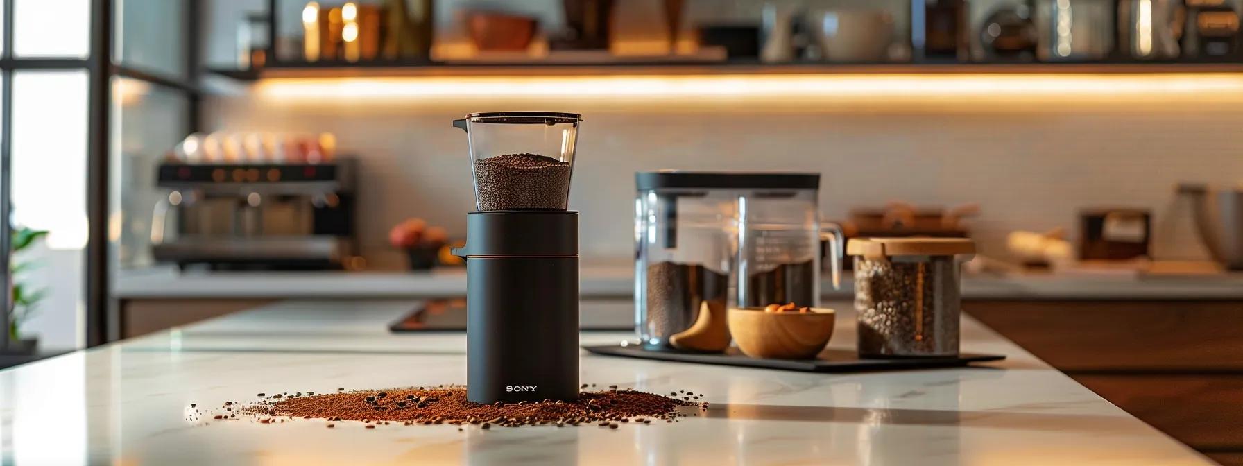 a sleek, modern coffee grinder sits on a polished countertop, surrounded by scattered, perfectly ground coffee particles, highlighting the stark contrast of static cling with a backdrop of organized coffee accessories in a well-lit, minimalist kitchen setting.