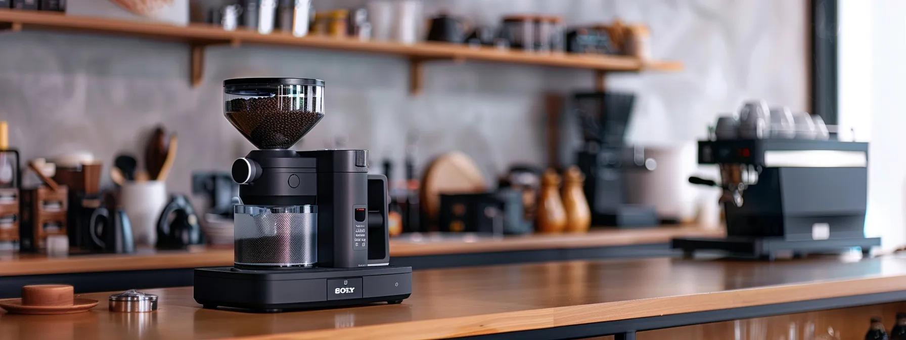 a sleek, modern coffee grinder sits on a polished office countertop, surrounded by neatly arranged tools and components, showcasing a clear focus on troubleshooting techniques for optimal grind performance.