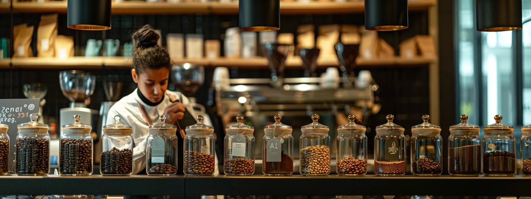 a sleek, modern coffee lab features a barista intently sampling various roasted coffee beans from clear glass jars, while colorful tasting notes and an array of brewing equipment highlight the intricate relationship between flavor profiles and coffee preparation techniques.