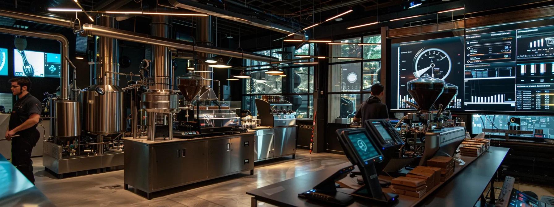 a sleek, modern coffee roasting facility with gleaming machinery and focused professionals analyzing data on digital screens, illustrating strategic optimization for profitability in the coffee industry.