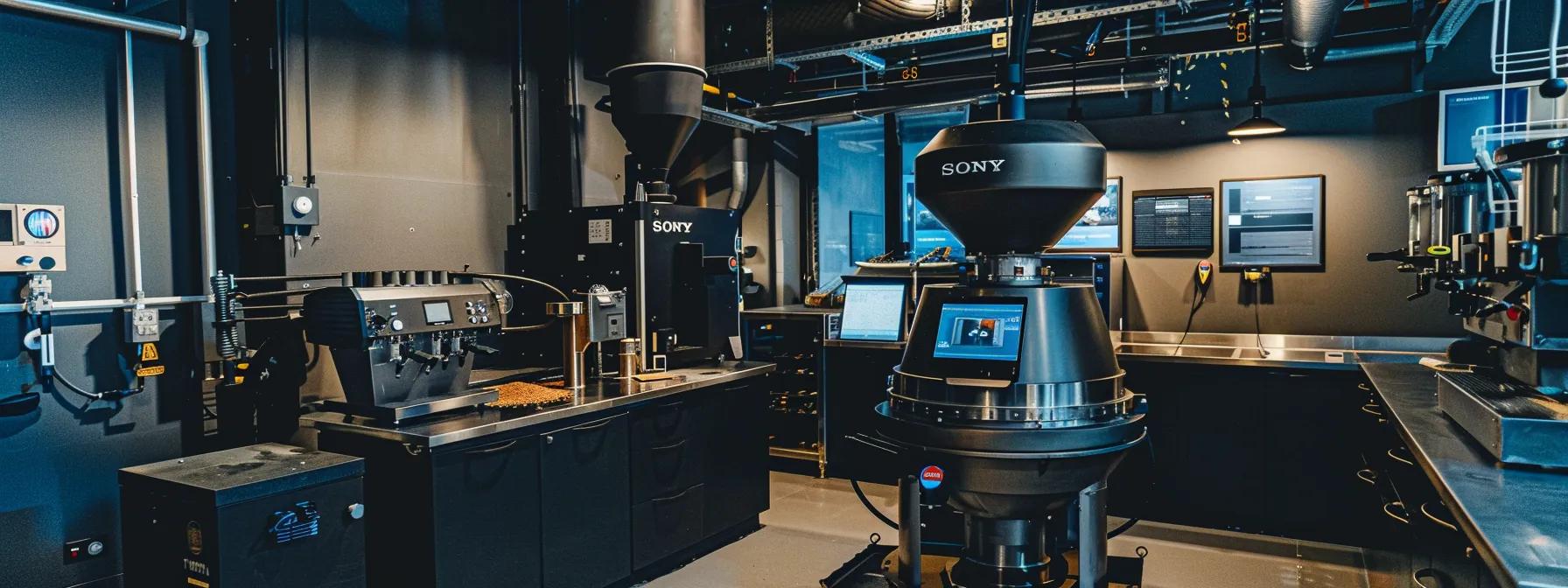 a sleek, modern coffee roasting facility showcasing a fully-insulated roasting machine surrounded by measurement tools and thermal monitors, emphasizing the importance of energy efficiency and heat retention in roasting quality.