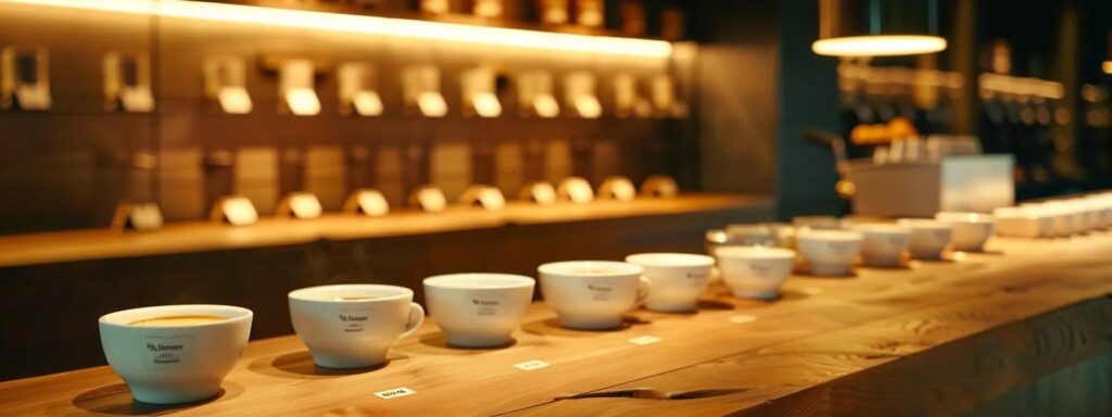 a sleek, modern coffee tasting room with an elegant wooden table displaying an array of coffee cups, each uniquely labeled with vibrant descriptors of flavor attributes, illuminated by warm artificial lighting to highlight the rich textures and colors of the coffee.