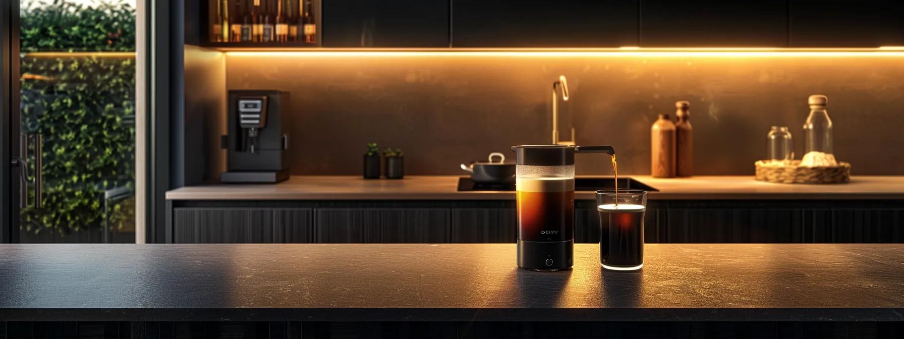 a sleek, modern kitchen countertop features a high-tech refractometer alongside a glass of rich, dark cold brew, illuminated by soft under-cabinet lighting that highlights the brew's clarity and depth, symbolizing the precision involved in measuring extraction efficiency.