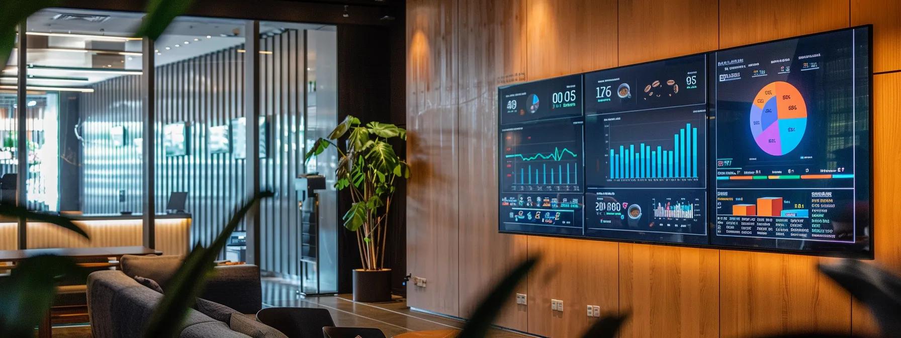 a sleek, modern office space features a large screen displaying a colorful dashboard of the coffee roasting roi calculator, with graphs and data visualizations highlighting cost, revenue, and profit analysis against a backdrop of dark wood and minimalist decor.