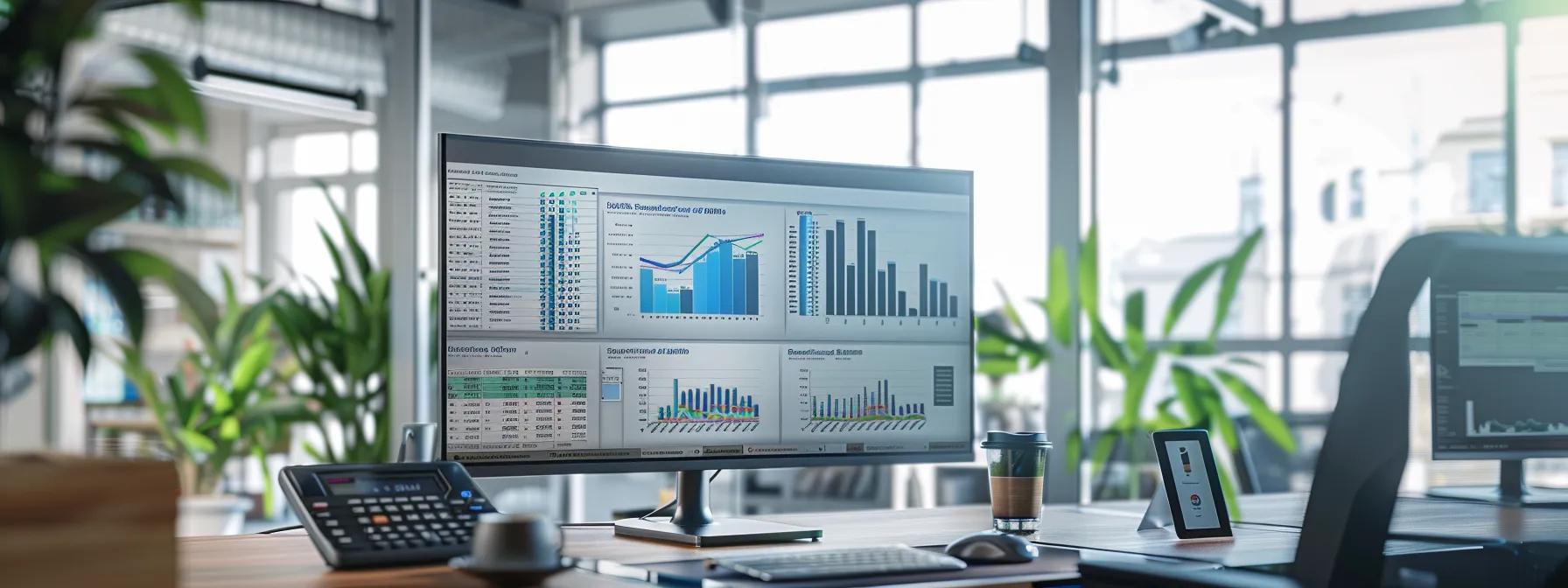 a sleek, modern office workspace showcases a high-tech digital roi calculator on a large monitor, surrounded by coffee samples and analytical reports, emphasizing the data-driven approach to improving profitability in coffee roasting.