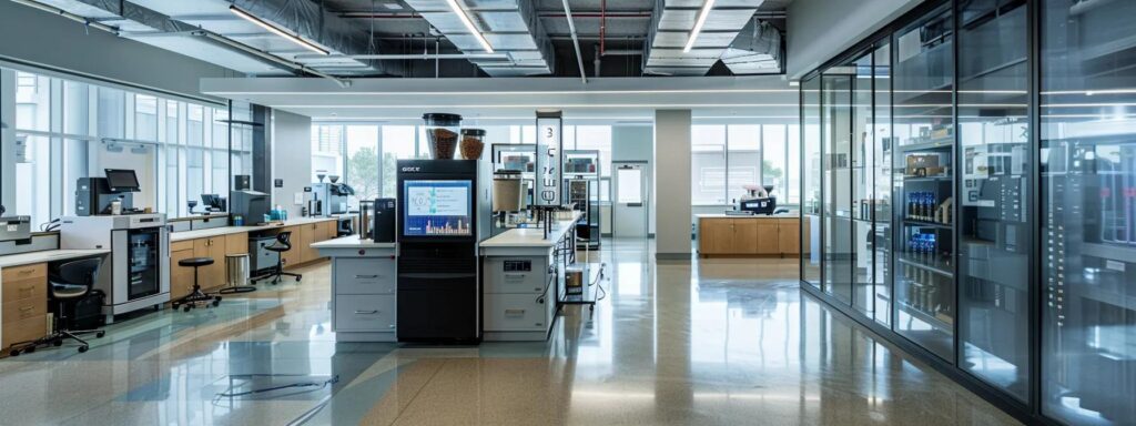 a sleek, modern office workspace features a digital display showcasing energy efficiency graphs and data on roaster power consumption, surrounded by efficient roasting equipment that highlights the innovative approach to maximizing roi through insulation and technology.