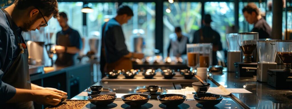 a sleek, modern tasting room filled with elegantly arranged cupping bowls, each showcasing unique coffee beans while a diverse group of professionals attentively engages in sensory training, surrounded by sophisticated equipment and taste profiling charts.