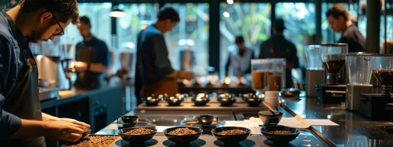 a sleek, modern tasting room filled with elegantly arranged cupping bowls, each showcasing unique coffee beans while a diverse group of professionals attentively engages in sensory training, surrounded by sophisticated equipment and taste profiling charts.