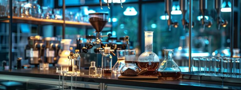 an elegant laboratory workspace featuring sleek glassware and intricate scientific equipment, showcasing the cold brew coffee extraction process under cool, ambient lighting, emphasizing the precision and chemistry involved in achieving the perfect yield.