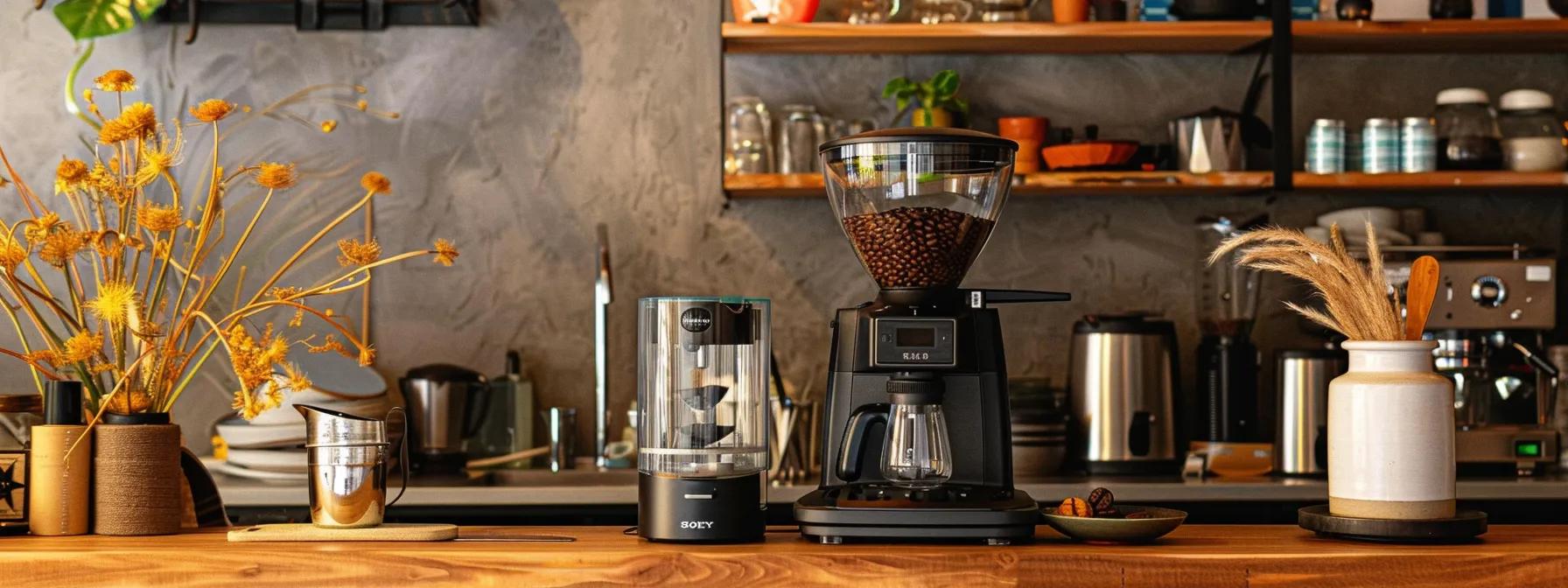 a sleek, modern coffee grinder sits prominently on a polished wooden countertop in a stylish café, surrounded by neatly organized tools and cleaning supplies, symbolizing the importance of meticulous routine maintenance for optimal coffee quality.