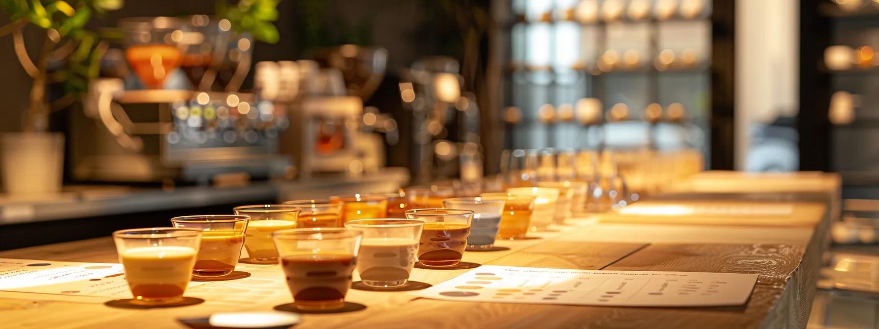 a stylish coffee tasting setup in a modern, minimalist café, featuring an array of single-origin coffee cups artfully arranged on a sleek wooden table, surrounded by a vibrant coffee flavor wheel and tasting notes, illuminated by soft, warm indoor lighting to enhance the intimate atmosphere of sensory exploration.