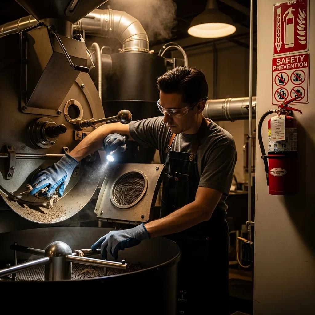 Coffee roaster operator inspecting chaff collector and ventilation for fire safety, highlighting essential fire risk management practices.