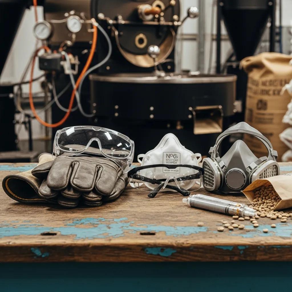 Essential personal protective equipment for coffee roasters, including gloves, safety glasses, and masks, arranged in a roasting facility.