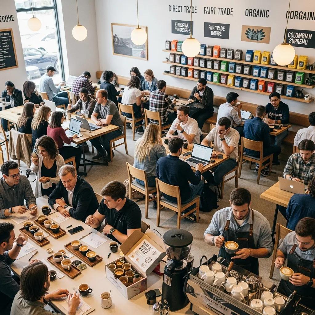 Diverse coffee consumers enjoying specialty coffee in a trendy café, highlighting industry trends