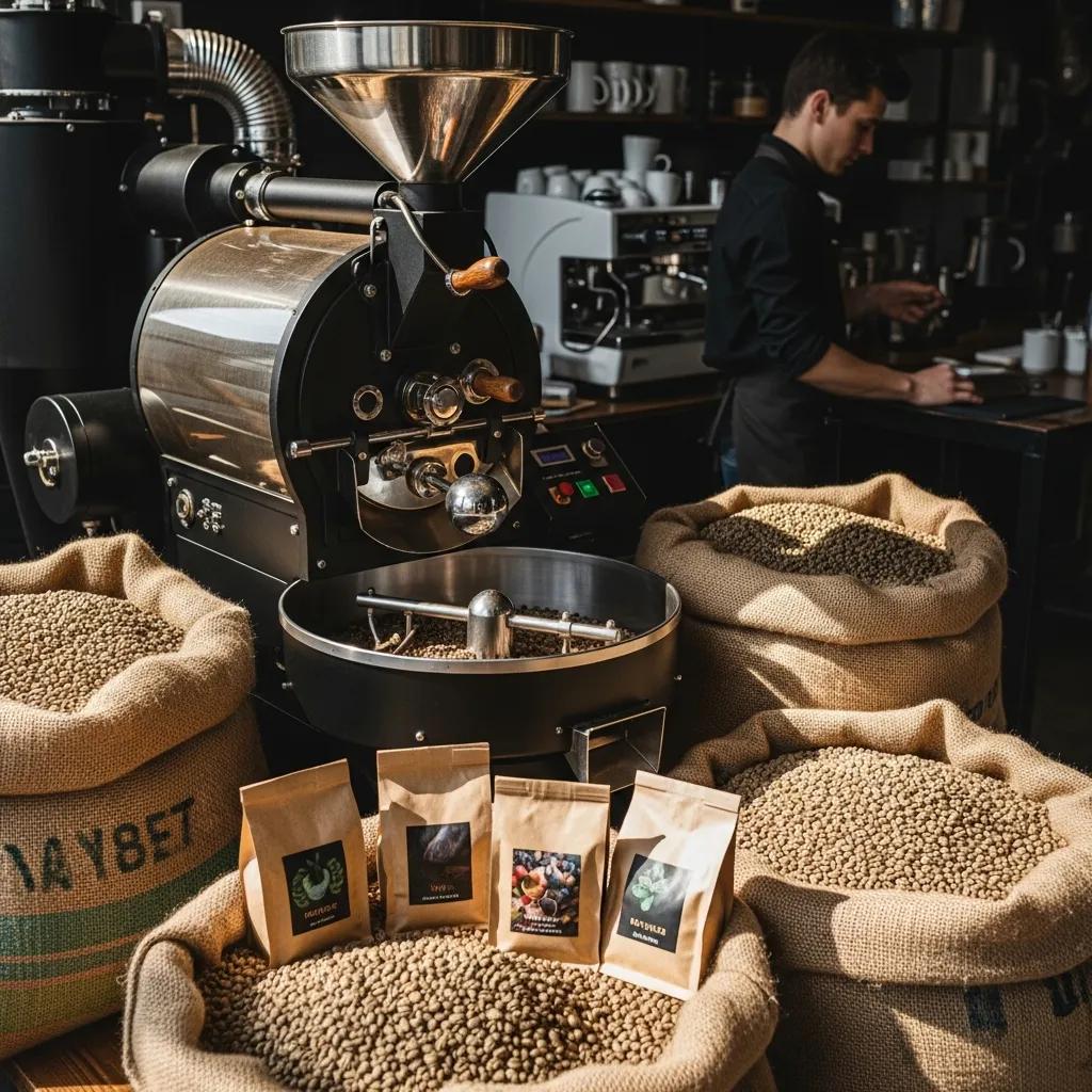 Modern coffee roasting setup with a commercial roaster, green coffee beans, and a barista