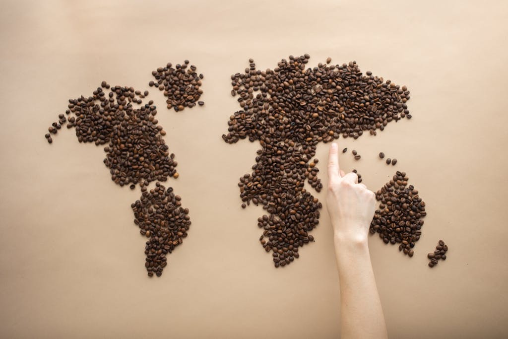 Top view of crop person pointing finger at world map made of coffee beans on brown background