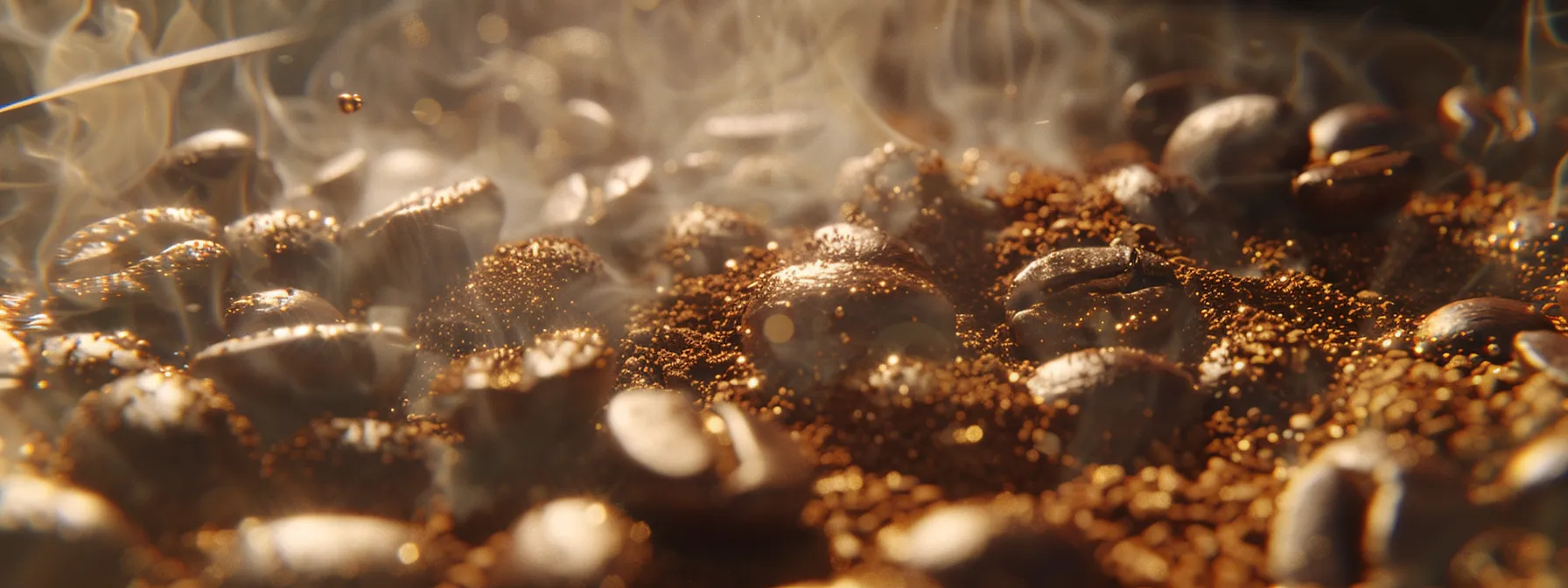 a close-up shot of freshly roasted whole coffee beans, glistening with oils and emitting a rich, aromatic scent.