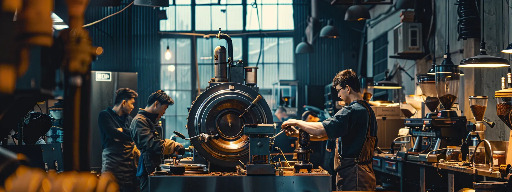 a team of workers assembling a large commercial coffee roaster in a small business setting.