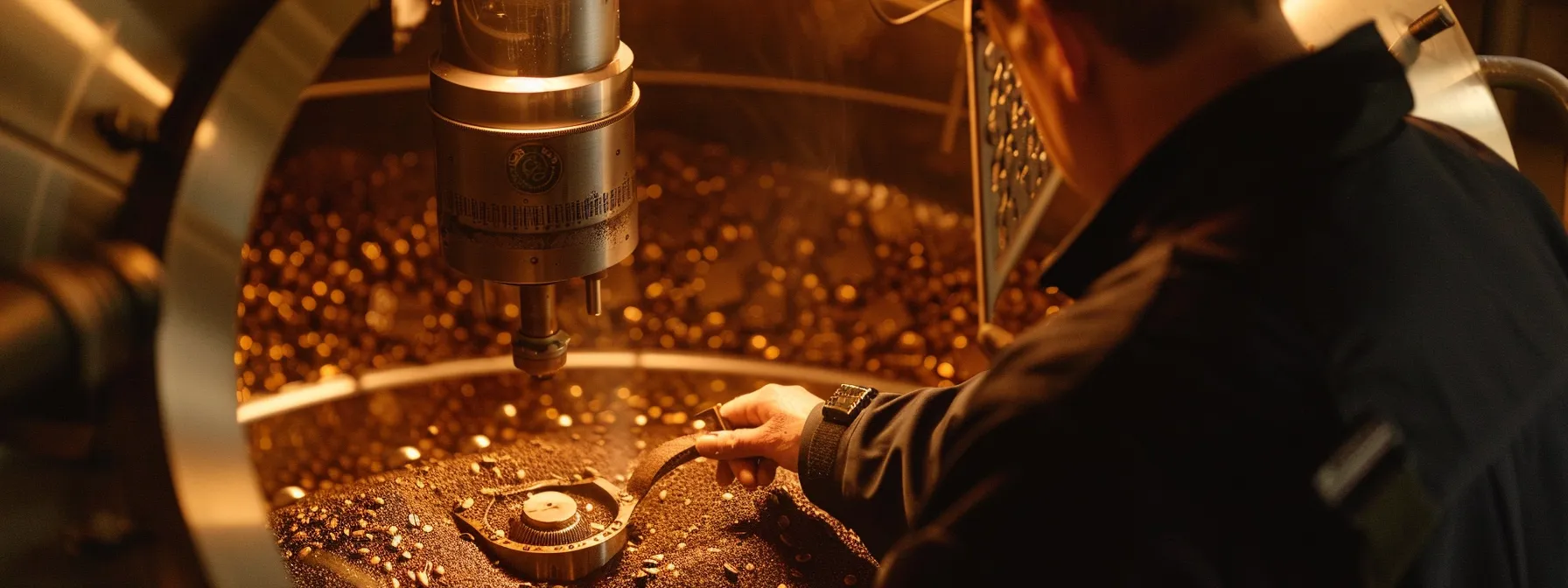 a coffee roaster carefully monitoring the batch inside the drum roaster.