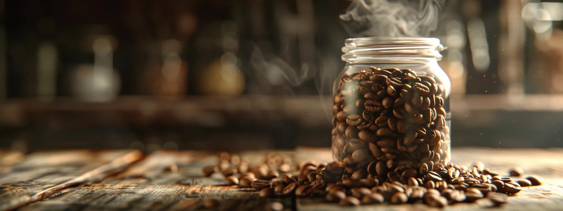 a glass jar filled with freshly roasted coffee beans, emitting steam as they cool down on a rustic wooden countertop.