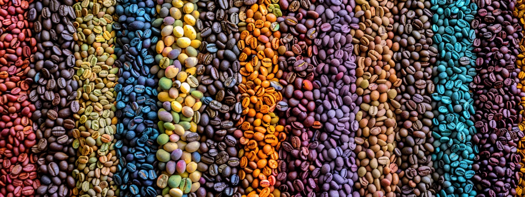 a vibrant, colorful display of various coffee beans from ethiopia, honduras, and other regions, showcasing bean coffee roasters' commitment to quality and sustainability.