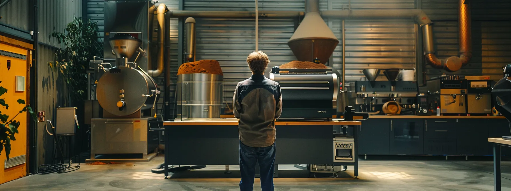 a person standing in front of a large commercial coffee roaster, analyzing their business needs and coffee output requirements.