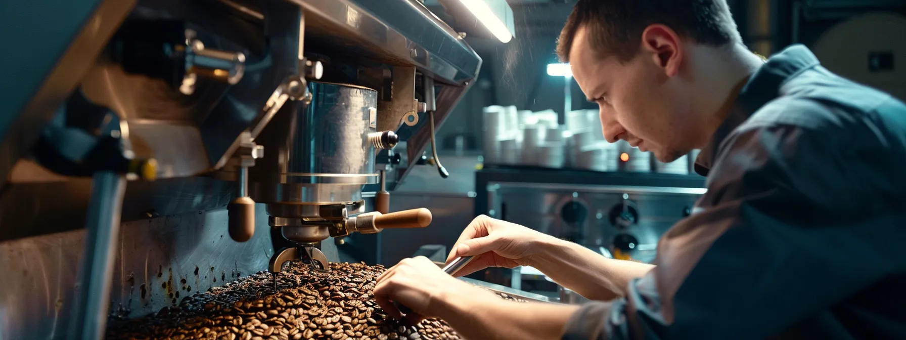 a person carefully inspecting and adjusting the settings on a large commercial coffee roasting machine.