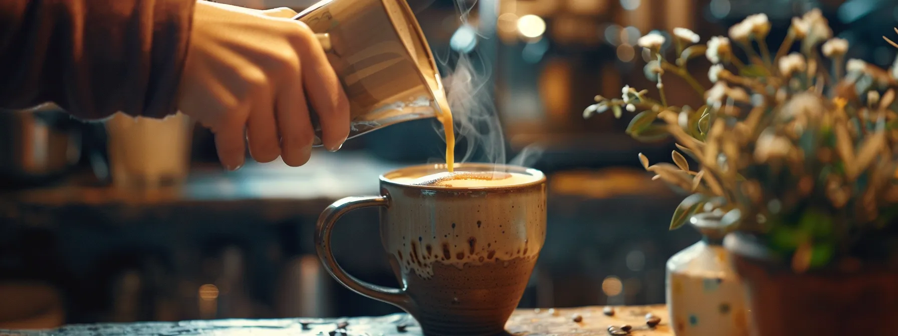 a barista pouring freshly brewed coffee into a ceramic mug.