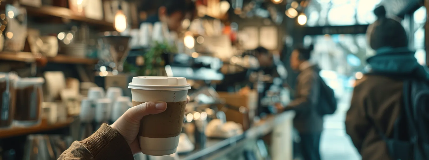 a person holding a cup of coffee while talking to a group of small business owners, exchanging recommendations and reviews about commercial coffee roasters.