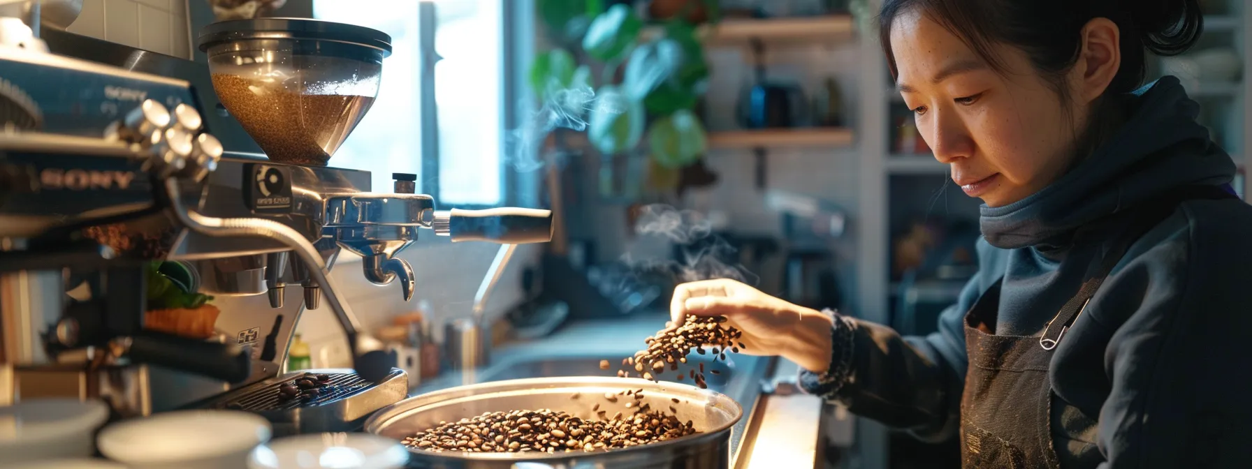 a person roasting coffee beans in a home kitchen, carefully monitoring the process with a look of concentration and satisfaction on their face.