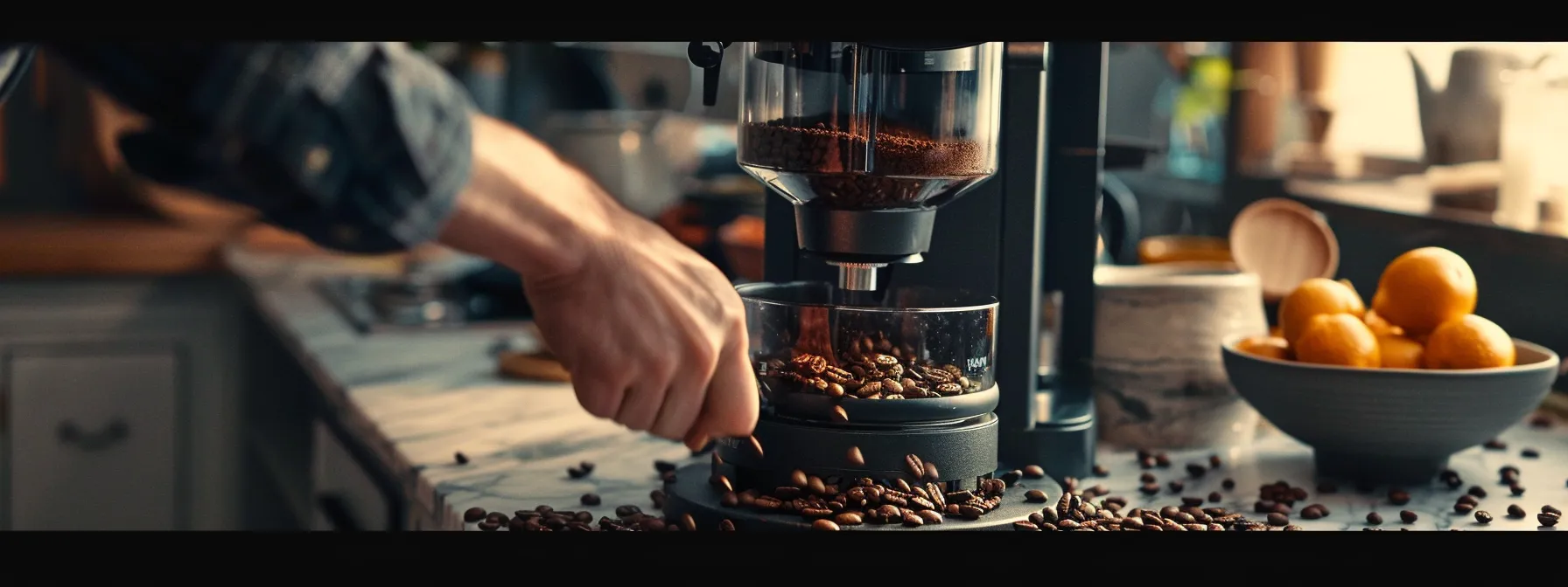 a person using a coffee grinder to grind fresh coffee beans for espresso.