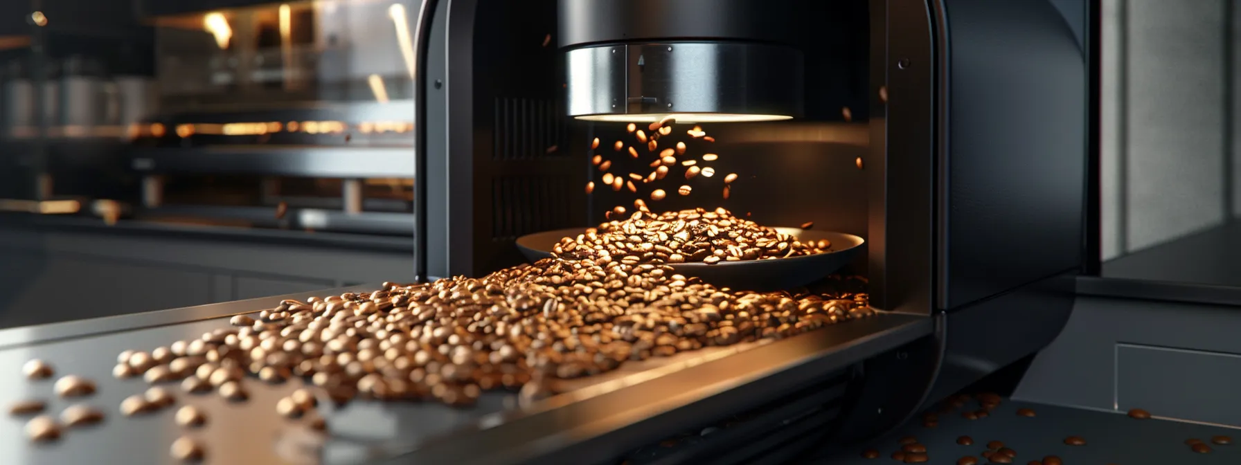 a close-up shot of a sleek coffee roaster machine with freshly roasted whole beans spilling out, showcasing the essence of quality and freshness.