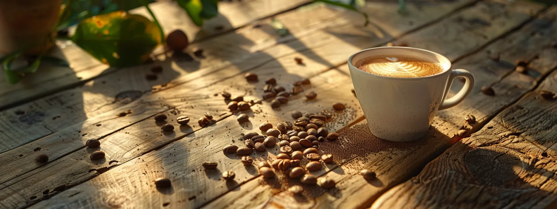 a coffee cup sitting on a wooden table with beans from ethiopia, colombia, kenya, and guatemala scattered around.